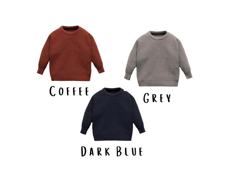 three baby sweater showing the choice of colors coffee grey and dark blue