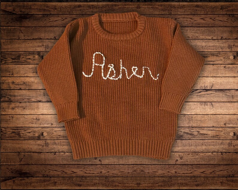 Coffee Brown Colored Baby Sweater with white embroidered name Asher