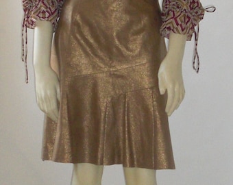 Gold Leather Flounced Skirt: High Waist, Knee Length, Handmade