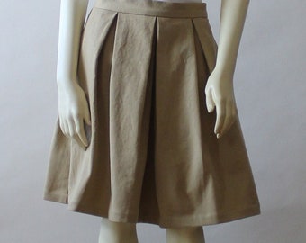 Khaki Chino Pleated Skirt For Women, Knee Length Cotton Twill Skirt With Pockets, A-Line Beige Custom Handmade