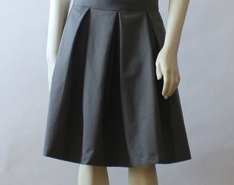 Olive Green Cotton Twill Pleated Skirt For Women, Knee Length Skirt With Pockets, Custom Handmade