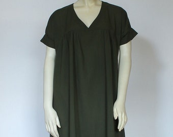 Forest Green Cotton House Dress For Women, Summer V-Neck Midi Dress With Pockets, Olive Custom Handmade