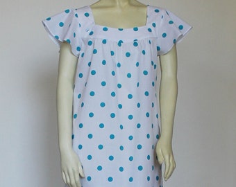 White Blue Polka Dot Cotton Dress For Women, Summer Knee Length Dress With Pockets, Handmade