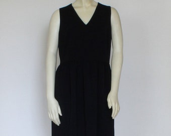 Black Sleeveless V-Neck Dress Women, Knee Length Formal Dress With Pockets, Dressy Polyester Rayon Custom Handmade