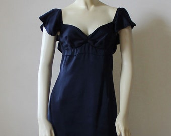 Navy Blue Satin Dress For Women, Knee Length  Slim Fitting Pencil Dress, Flared Sleeve Cocktail Handmade Medium