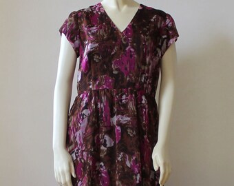 Brown/ Fuchsia Floral Chiffon Dress For Women, Cap Sleeve Maxi Dress With Pockets V-Neck, Custom Handmade