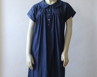 Kimono Sleeve Collared Denim Dress For Women, Knee Length Cotton Dress With Pockets, Custom Handmade