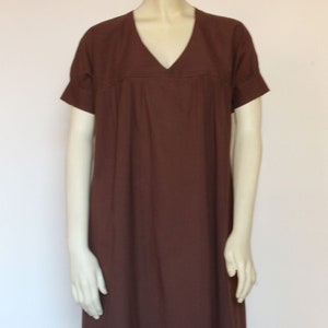 Brown Cotton V-Neck Dress with Pockets - Custom Handmade