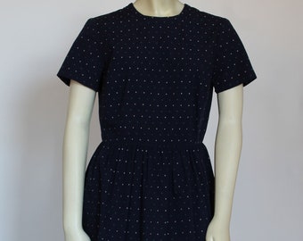 Navy Blue Short Sleeve Cotton Dress For Women, Knee Length Dress Summer, Casual Simple Custom Handmade