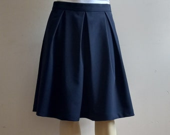 Navy Blue Wool Poly Blend Pleated Skirt Women, Knee Length Skirt With Pockets, Casual Custom Handmade