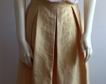 Mustard Silk Shantung Women Skirt, Pleated Midi With Pockets Handmade