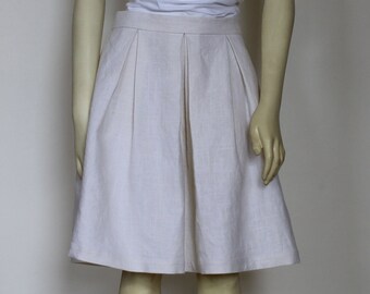 Cotton/ Linen Blend Box Pleated Skirt For Women, Knee Length Skirt With Pockets, Off White Custom Handmade