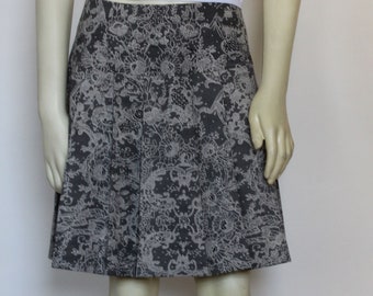 Black Beige Pleated Cotton Twill Skirt Women, Knee Length Skirt Casual Drop Waisted, Custom Handmade Abstract Print