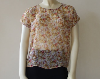 Floral Chiffon Blouse: Kimono Sleeve Scoop Neck Top, Handmade