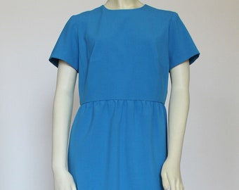 Short Sleeve Blue Office Dress For Women, Knee Length Sheath Dress, Solid Polyester Suiting Custom Handmade