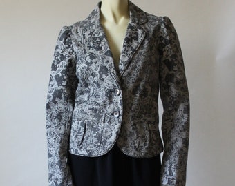 Tailored Twill Cotton Jacket For Women, Printed Blazer With Pockets Spring Summer, Handmade Size S