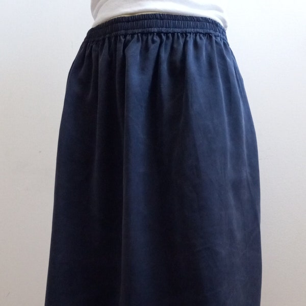 Navy Blue Elastic Waist Skirt For Women, Knee Length Casual Skirt With Pockets, Custom Handmade