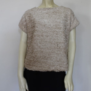 Beige Faux Fur Top: Handmade Boat Neck Kimono Sleeve Blouse