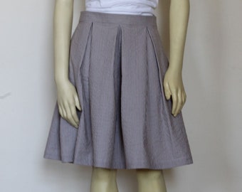 Summer Pleated Cotton Skirt For Women, Knee Length Skirt With Pockets, Gray Casual Custom Handmade