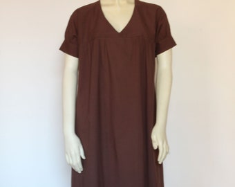 V-Neck Summer Dress For Women Short Sleeve, Brown Cotton House Dress With Pockets, Custom Handmade