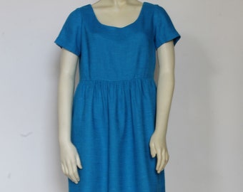 Short Sleeve Blue Summer Dress For Women, Knee Length Linen Dress With Pockets, Scoop Neck Casual Custom Handmade