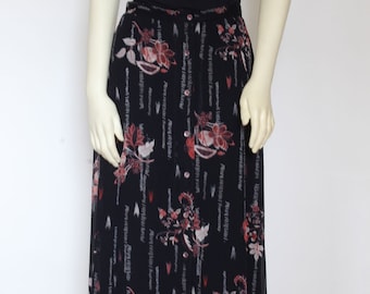 Black Chiffon Front Button Down Skirt For Women, Casual A-Line Long Skirt With Pockets, Floral Print Custom Handmade