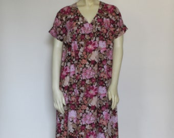 Floral Cotton House Dress For Women, Short Sleeve Midi Dress With Pockets, Spring Pink Custom Handmade