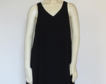 Black Crepe Sleeveless Tent Dress For Women, Midi Trapeze Dress With Pockets V-Neck, Tunic Flowing Custom Handmade