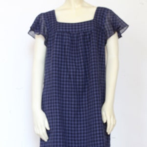 Navy Blue Cotton Dress For Women, Knee Length Shift Dress With Pockets, Gingham Square Neck Check Custom Handmade