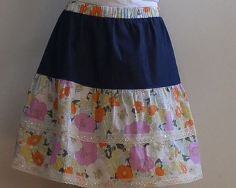 Denim Tiered Cotton Skirt For Women, Knee Length Ruffle Skirt, Elastic Waist Color Block Yoke Handmade