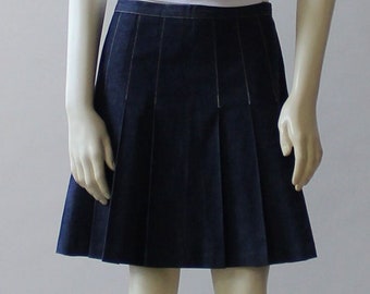 Blue Denim Pleated Skirt For Women, Knee Length Casual Skirt, Stitch Pleat Skater Full Handmade