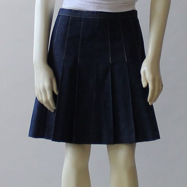 Blue Denim Pleated Skirt For Women, Knee Length Casual Skirt, Stitch Pleat Skater Full Handmade