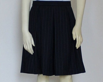 Pinstripe Wool Pleated Skirt For Women, Navy Blue Knee Length Skirt With Pockets, Classic Custom Handmade