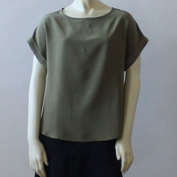 Sage Green and Black Silk Boat Neck Top For Women, Summer Kimono Sleeve Blouse, Loose Custom Handmade