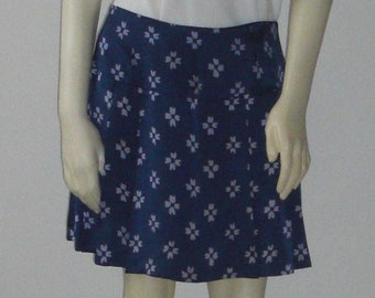 Printed Satin Pleated Skirt For Women, Knee Length Summer Skirt Navy Blue, Silk Drop Waist Custom Handmade