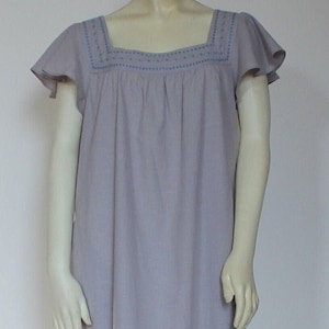 Gray Cotton House Dress: Embroidered Square Neck, Knee Length
