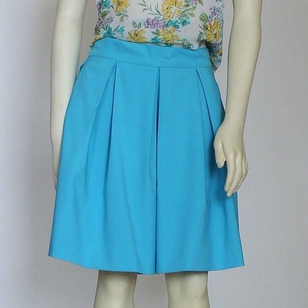 Turquoise Polyester Box Pleat Skirt For Women, Knee Length Skirt With Pockets, Aqua Blue Custom Handmade