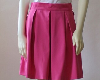 Box Pleat Midi Skirt For Women Summer, Knee Length Skirt With Pockets, Pink Fuchsia Polyester Poplin Custom Handmade