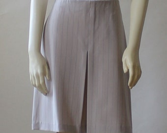 Inverted Pleat A-Line Skirt For Women, Knee Length Skirt Casual, Beige Striped Polyester Poplin Custom Handmade