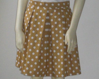 Mustard Polka Dot Cotton Skirt For Women, Knee Length Pleated Skirt With Pockets, Custom Handmade