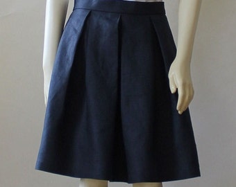 Navy Blue Linen Pleated Skirt For Women, Knee Length Skirt With Pockets, Summer High Waisted Custom Handmade