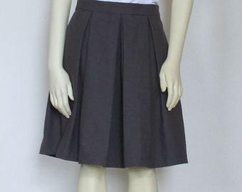 Heavy Canvas Cotton Pleated Skirt For Women, Knee Length Skirt With Pockets, High Waist Custom Handmade