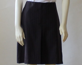 Brown A-Line Wool Skirt For Women, Knee Length Inverted Kick Pleat Skirt, Striped Casual Custom Handmade