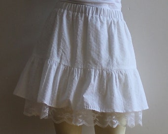 White Tiered Cotton Skirt For Women, Summer Elastic Waist Skirt With Lace Ruffle Hem, Casual Handmade