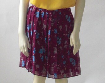 Floral Pleated Chiffon Skirt Women, Knee Length Skirt Summer Casual, Wine Red Custom Handmade