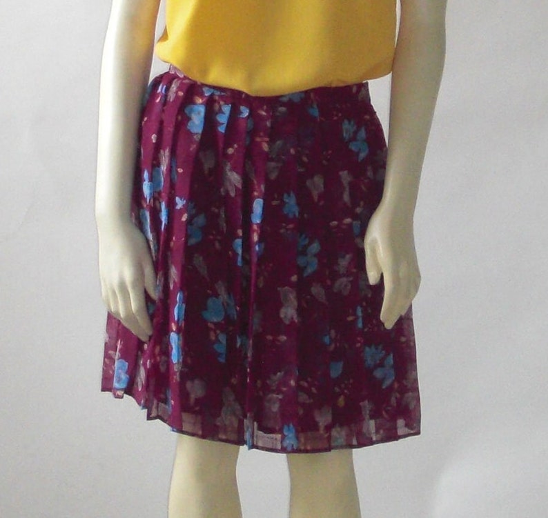 Floral Pleated Chiffon Skirt Women, Knee Length Skirt Summer Casual, Wine Red Custom Handmade image 1