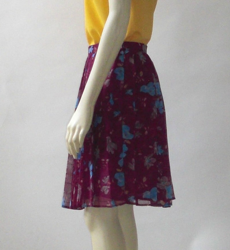 Floral Pleated Chiffon Skirt Women, Knee Length Skirt Summer Casual, Wine Red Custom Handmade image 2