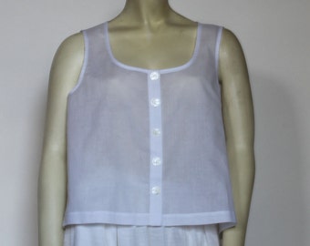 Sleeveless Cotton Top For Women, White Summer Crop Tank, Front Button Down Loose Custom Handmade