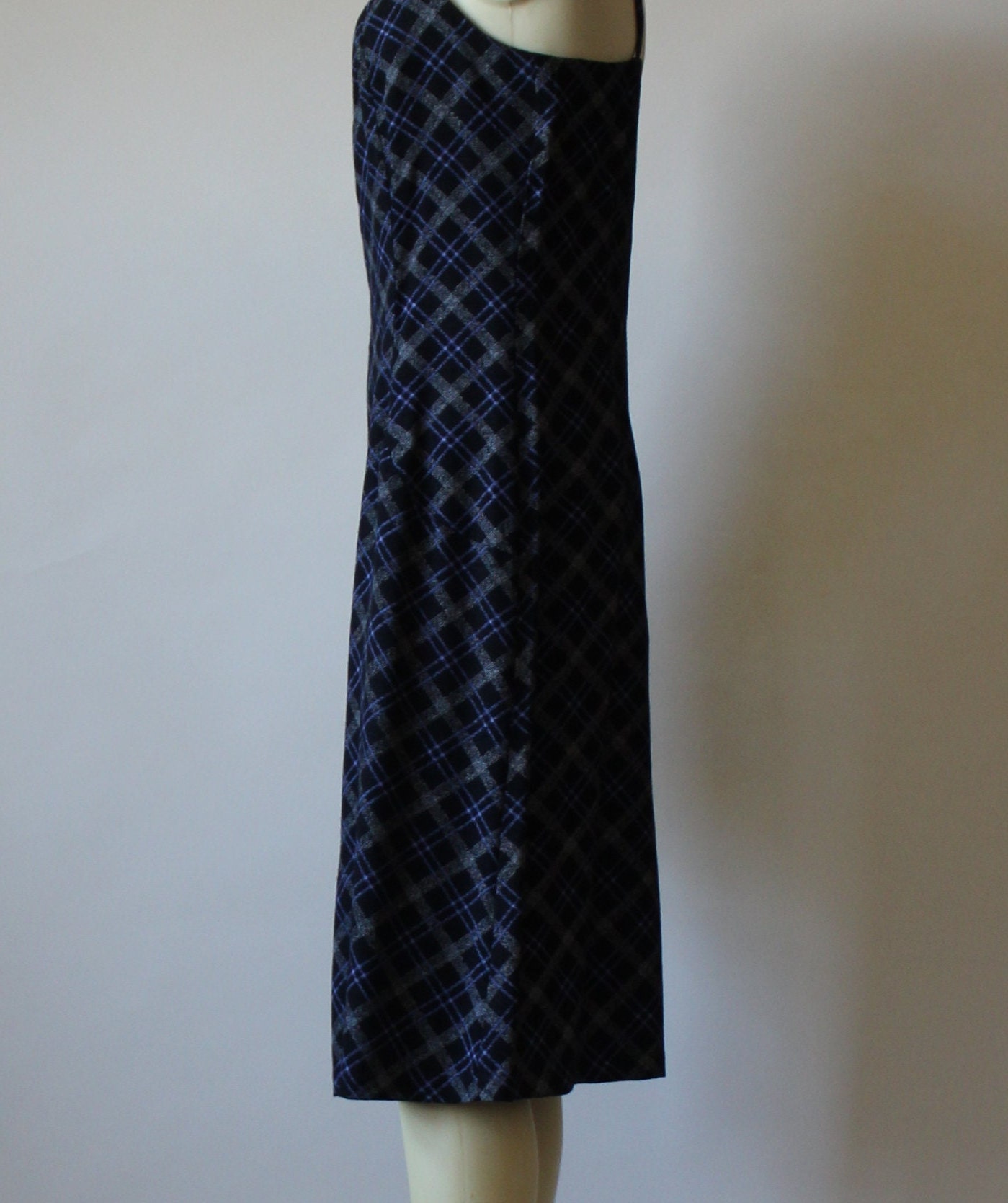 Handmade Plaid Slip Dress: Black & Blue Midi, Size M