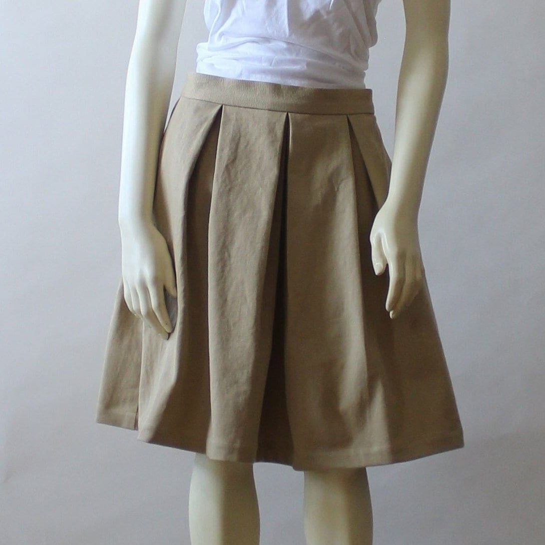 Khaki Chino Pleated Cotton Skirt for Women, Knee Length Twill  